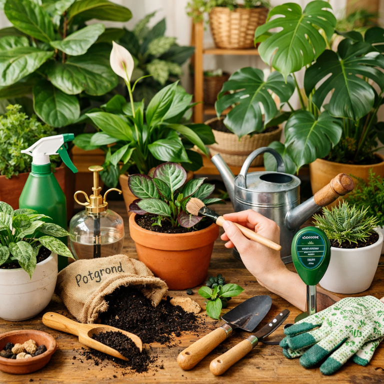 Hand brushing leaves of a potted houseplant with gardening tools and soil on table