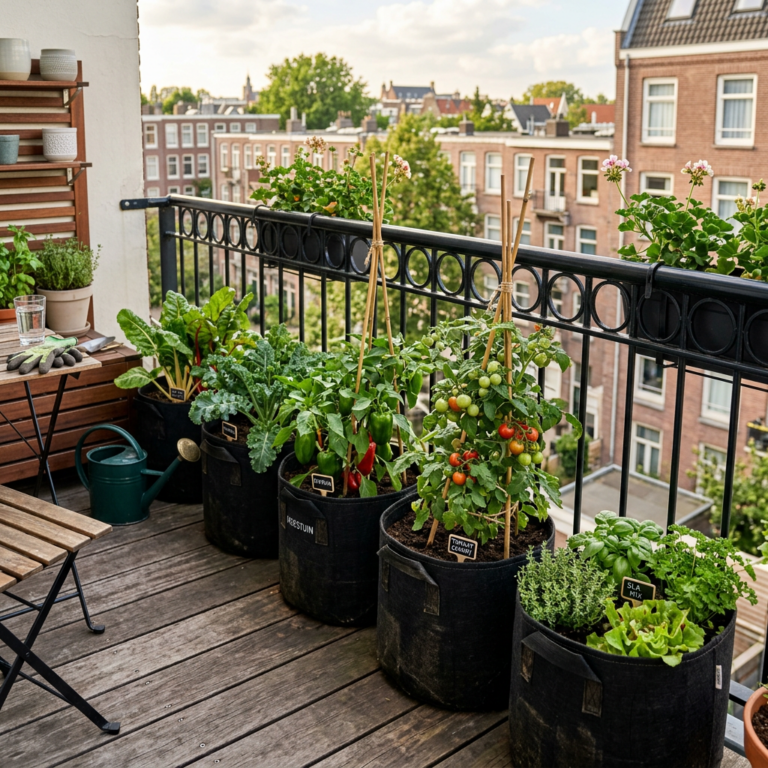 Kweekzakken op balkon voor moestuin