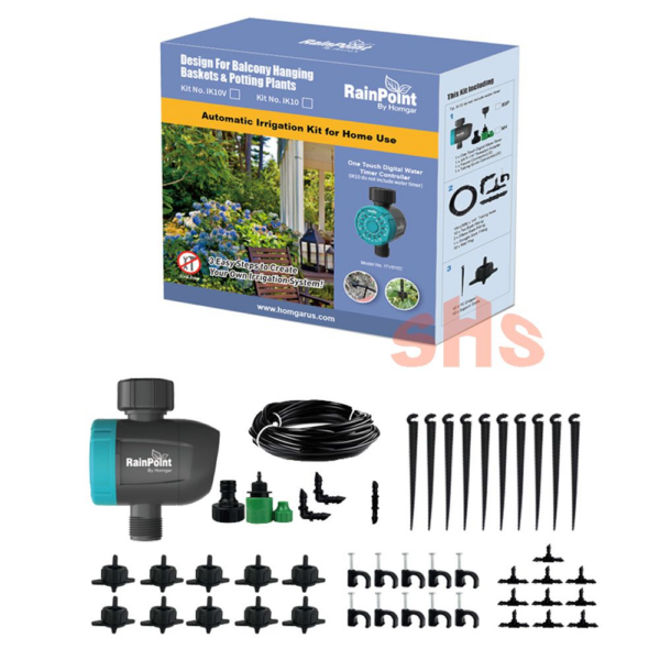 Complete inhoud van de RainPoint IK10V bewateringsset uitgestald