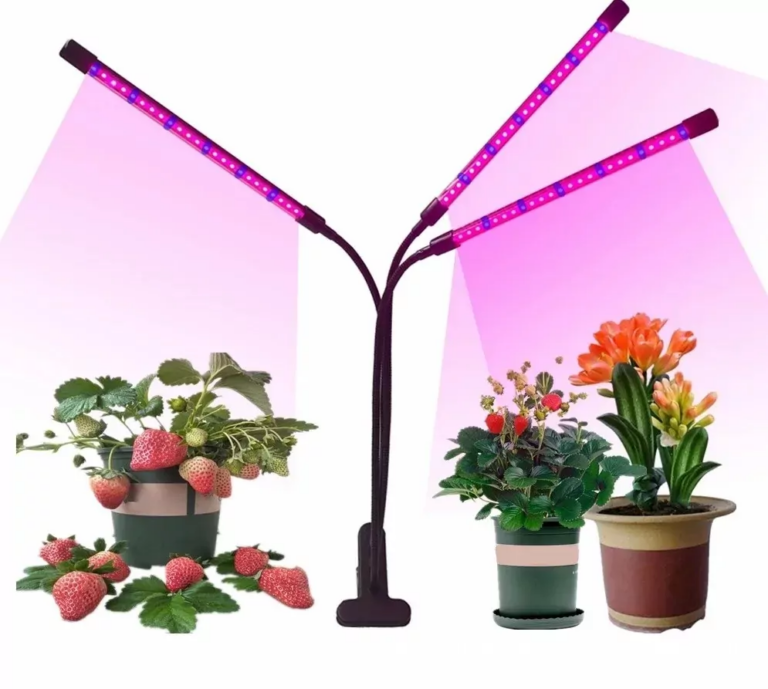 Kweeklamp met klem en vier flexibele LED-armen die rood en blauw licht geven aan aardbeienplanten en kamerplanten