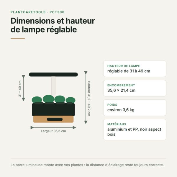Dimensions du potager d'intérieur hydroponique et hauteur de lampe réglable Dimensions du potager d'intérieur hydroponique : 35,6 x 21,4 cm et hauteur de lampe réglable de 31 à 49 cm