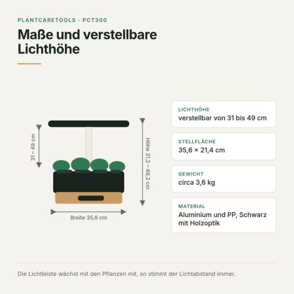 Maße des Zimmergewächshauses mit Beleuchtung: 35,6 x 21,4 cm und Lichthöhe verstellbar von 31 bis 49 cm