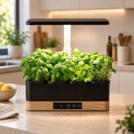 Zimmergewächshaus mit Beleuchtung, 4 Pods, auf der Küchenarbeitsplatte Zimmergewächshaus mit Beleuchtung und vier Pods mit Basilikum und Kräutern auf einer Küchenarbeitsplatte, verstellbare Vollspektrum-LED